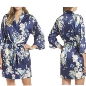 Flora Nikrooz Satin Blue Floral Print Petra Short Robe Tie Belt M/L Medium Large